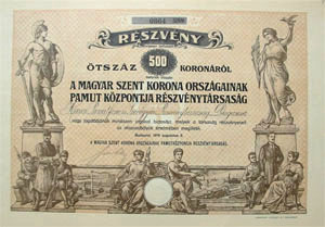 Magyar Szent Korona Országainak Pamutközpontja  Részvénytársaság 500 korona 1916
