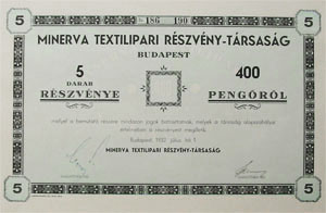 Minerva Textilipari Részvénytársaság részvény 400 pengő 1932