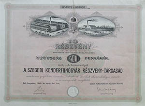 Szegedi Kenderfonógyár Részvénytársaság részvény 10x40 pengő 1940