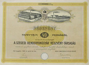 Szegedi Kenderfonógyár Részvénytársaság részvény 40 pengő 1940