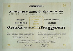 Szentgotthárd Selyemgyár Részvénytársaság részvény 25x500 pengő 1935