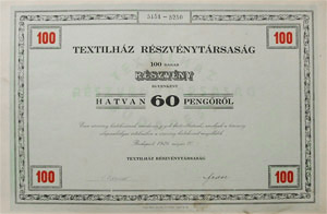 Textilház Részvénytársaság részvény 100x60 pengő 1926
