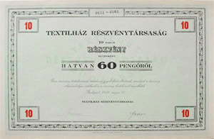 Textilház Részvénytársaság részvény 10x60 pengő 1926