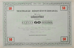 Textilház Részvénytársaság részvény 50x60 pengő 1926
