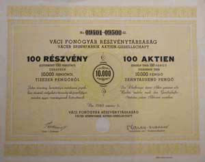 Váci Fonógyár Részvénytársaság részvény 100x100 1000 pengő 1940 Vác