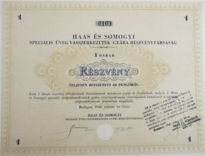 Haas és Somogyi Speciális Üveg-Vasszerkezetek Gyára Részvénytársaság részvény 50 pengő 1946