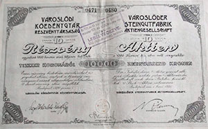 Városlődi Kőedénygyár Részvénytársaság részvény 10x1000 korona 1920