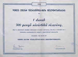 Veress Zoltán Tűzállóüveg-Huta Részvénytársaság részvény 500 pengő 1944