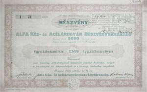 Alfa Kés- és Acélárugyár Részvénytársaság részvény 125000 korona 1923 Szeged