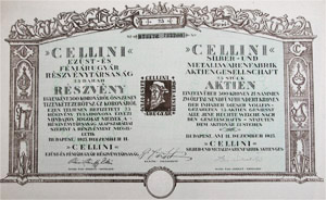 Cellini Ezüst- és Fémárugyár Részvénytársaság részvény 25x500 12500 korona 1923
