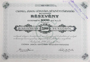 Csonka János Gépgyára Részvénytársaság részvény 25x1000 25000 pengő 1940