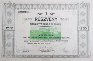 Debreceni Vas- és Rézbútorgyár Részvénytársaság részvény 12 pengő 50 fillér 1926 Debrecen