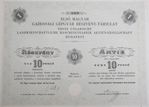 Első Magyar Gazdasági Gépgyár Részvénytársulat részvény 10 pengő 1937