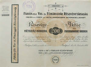 Fábián-féle Vas- és Fémárugyár Részvénytársaság részvény 200 korona 1923