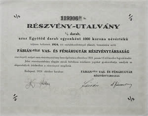 Fábián-féle Vas- és Fémárugyár Részvénytársaság részvény-utalvány 1000 korona 1924
