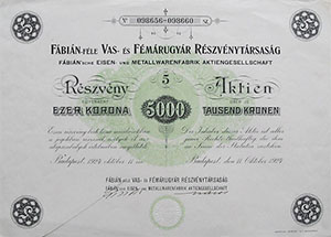 Fábián-féle Vas- és Fémárugyár Részvénytársaság részvény 5x1000 5000 korona 1924