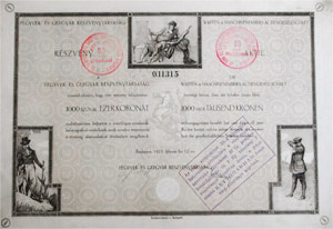Fegyver- és Gépgyár Részvénytársaság részvény 1000 korona 1923