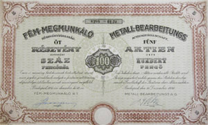 Fém-megmunkáló Részvénytársaság részvény 5x100 500 pengő 1941