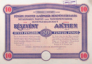 Fémáru-, Fegyver- és Gépgyár Részvénytársaság részvény 10 x 50 pengő 1935
