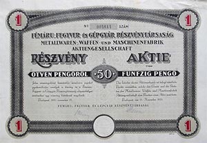 Fémáru-, Fegyver- és Gépgyár Részvénytársaság részvény 50 pengő 1935