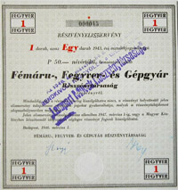 Fémáru-, Fegyver- és Gépgyár Részvénytársaság részvényelismerveny 50 pengő 1946