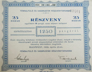 Fémsajtoló és Vasárugyár Részvénytársaság részvény 25x50 1250 pengő 1936