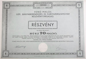 Fonó Miklós Gép-, Bányaberendezés és Furószerszámgyár Részvénytársaság részvény 20 pengő 1943
