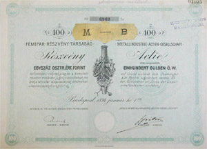 Hygieia Fémipar Részvénytársaság részvény 100 forint 1894