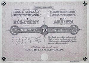 Láng L. Gépgyár Részvénytársaság részvény 500 pengő 1926