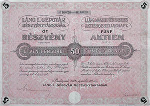 Láng L. Gépgyár Részvénytársaság részvény 250 pengő 1926