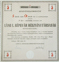 Láng L. Gépgyár Részvénytársaság részvényelismervény 5x50 250 pengő 1946