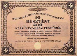Magyar Acélárugyár Részvénytársaság részvény 10x40 400 pengő 1928