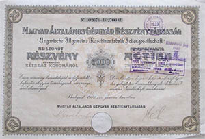 Magyar Általános Gépgyár Részvénytársaság részvény 25x200 korona 1922