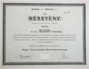 Magyar Finommechanikai Művek Részvénytársaság részvény 10000 pengő 1944 Budapest-Albertfalva