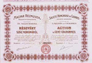 Magyar Rézművek Részvénytársaság részvény 100 korona 1909