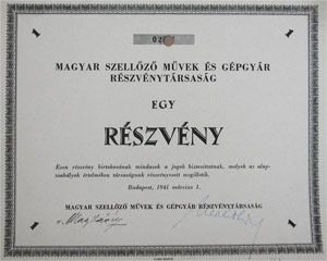 Magyar Szellőző Művek és Gépgyár Részvénytársaság részvény 1941