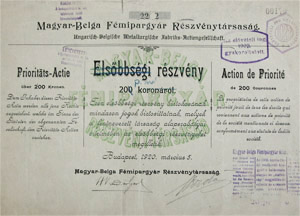 Magyar-Belga Fémipargyár Részvénytársaság elsőbbségi részvény 200 korona 1920