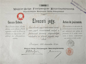 Magyar-Belga Fémipargyár Részvénytársaság élvezeti jegy 1898