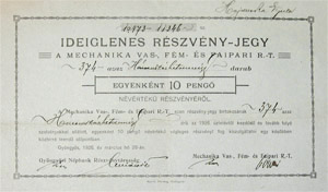 Mechanika Vas,- Fém- és Faipari Részvénytársaság ideiglenes részvény-jegy 10 pengő 1926 Gyöngyös