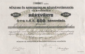 Műszaki és Kereskedelmi Részvénytársaság részvény 500 korona 1920 Kiskőrös