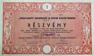 Projektograph Mozgófénykép- és Gépgyár Részvénytársaság részvény 10 pengő 50 fillér 1939