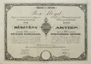 Rex Lloyd Hajó- és Motorcsónakgyár Részvénytársaság részvény 10x200 korona 1923