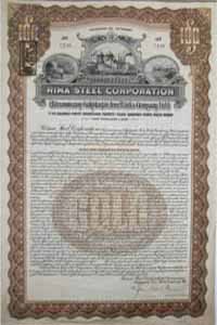 Rimamurány-Salgótarjáni Vasmű Részvénytársaság kötvény 100 dollár 1925