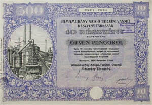 Rimamurány-Salgótarjáni Vasmű Részvénytársaság részvény 10x50 pengő 1925