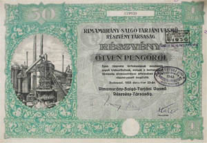 Rimamurány-Salgótarjáni Vasmű Részvénytársaság részvény 50 pengő 1925