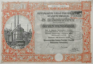 Rimamurány-Salgótarjáni Vasmű Részvénytársaság részvény 5x50 pengő 1925