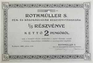 Rothmüller S. Fém- és Bádogárugyár Részvénytársaság 1/5 részvény 2 pengő 1938