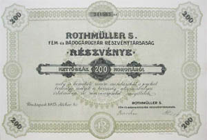 Rothmüller S. Fém- és Bádogárugyár Részvénytársaság részvény 200 korona 1923