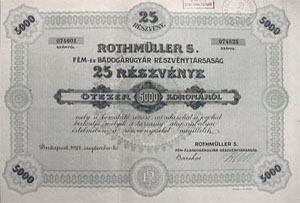 Rothmüller S. Fém- és Bádogárugyár Részvénytársaság részvény 25x200 5000 korona 1921