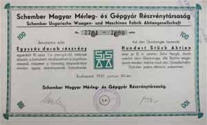 Schember Magyar Mérleg- és Gépgyár Részvénytársaság részvény 100x10 1000 pengő 1937